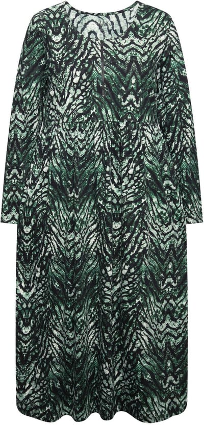 Ulla Popken - Dames - Jersey jurk slangenpatroon A-lijn ronde hals lange mouwen - Groen - Maat 46+