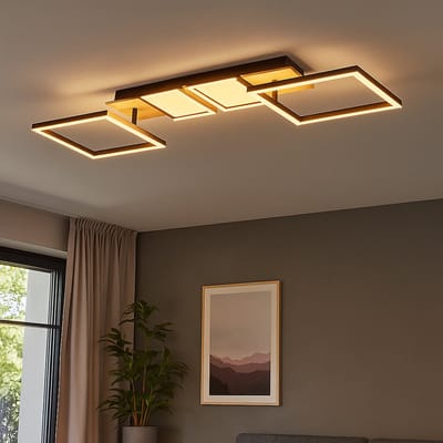 LED plafondlamp houtlook woonkamer zwart met bewegende elementen, metaal, 36W 2100lm warm wit, LxBxH 100x27x11 cm