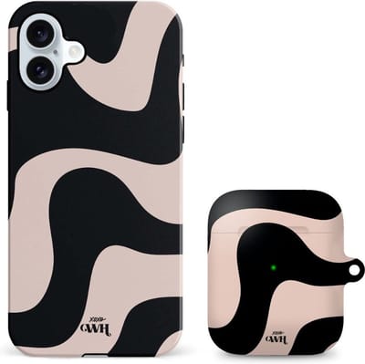 xoxo Wildhearts telefoonhoesje geschikt voor iPhone 16 met AirPods 1 en 2 hoesje - set - Ride With Me - Double Layer - Telefoonhoesje met dubbele beschermlaag - Golvend patroon case - Zwart en beige