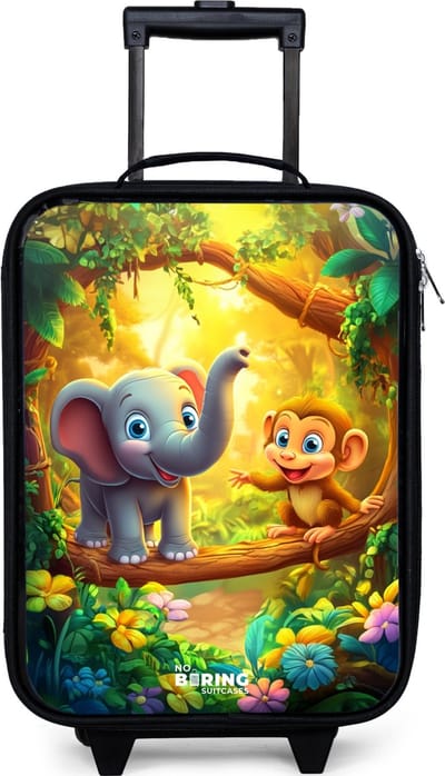 NoBoringSuitcases.com® - Kinderkoffer jongen - Kindertrolley meisje - Olifant en aapje in kleurrijke jungle - Koffer kind lichtgewicht - Reiskoffer trolley voor kinderen - Koffertje met lichtgevende wieltjes - Rolkoffer zwart