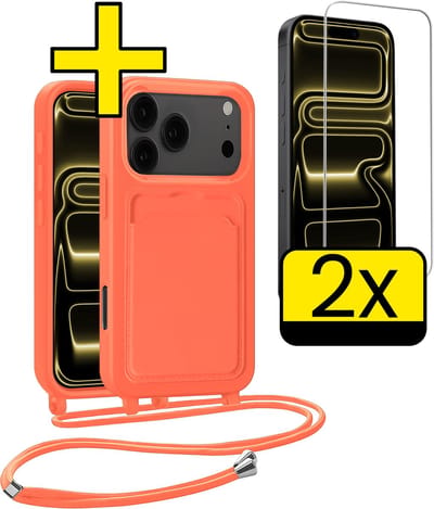 Hoesje Geschikt voor iPhone 17 Pro Max Telefoonhoesje Met Koord Case Pashouder Met 2x Screenprotector Siliconen - Hoes Geschikt voor iPhone 17 Pro Max Hoesje Met Kaarthouder - Papaya