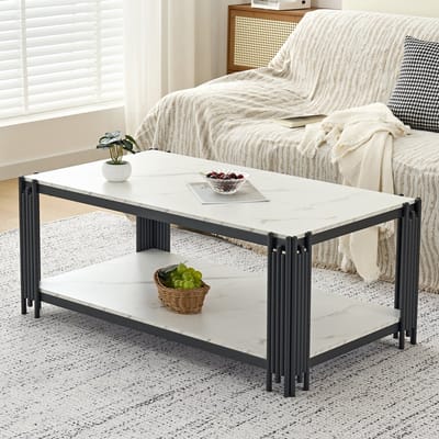 DESMIU Salontafel - Marmerlook Blad Met Metalen Poten - Modern Voor Woonkamer En Lounge - MDF En Metaal - Wit Zwart - 114x64x46 Cm