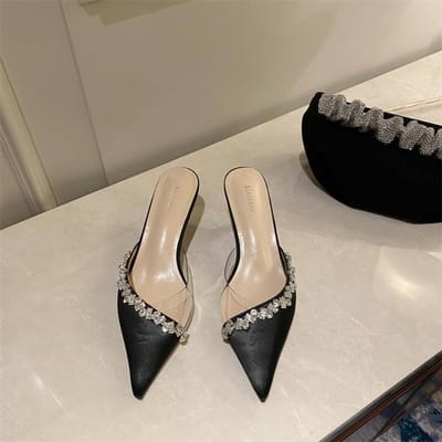 Strass Steentjes Satijn Dames Pumps Slippers Elegant Puntige Neus Hoge Hakken Dames Muiltjes Zomer Mode Feest Prom Schoenen 39 zwart