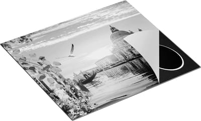 Chefcare Inductie Beschermer Kanaal in Venetië met Bloemen - Zwart Wit - 60x50 cm - Afdekplaat Inductie - Kookplaat Beschermer - Inductie Mat