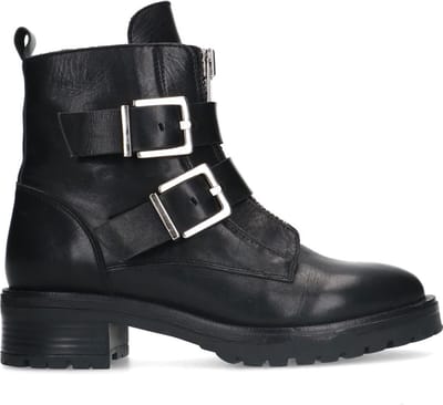 Sacha - Dames - Zwarte leren biker boots met zilverkleurige gespen - Maat 36
