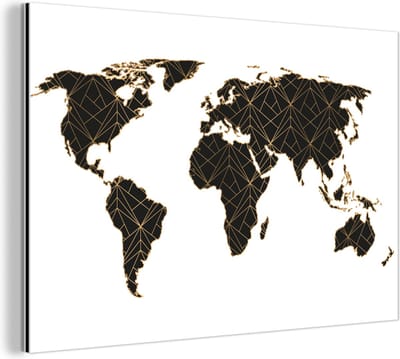 Aluminium schilderij 150x100 cm - Wanddecoratie metaal - Wereldkaart - Zwart - Goud - Kinderen - Jongens - Meisjes - Metalen muurdecoratie woonkamer - Decoratie industrieel - Foto op dibond - Industriële accessoires slaapkamer
