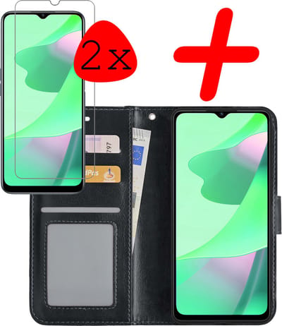 Hoesje Met 2x Screenprotector - Geschikt voor OPPO A16 - Luxe Pasjeshouder - Bookcase Portemonee - Flip Case - Kunstleer Book Case - Flipcase Hoes - Book Cover - Walletcase - Portemonneehoes - Zwart