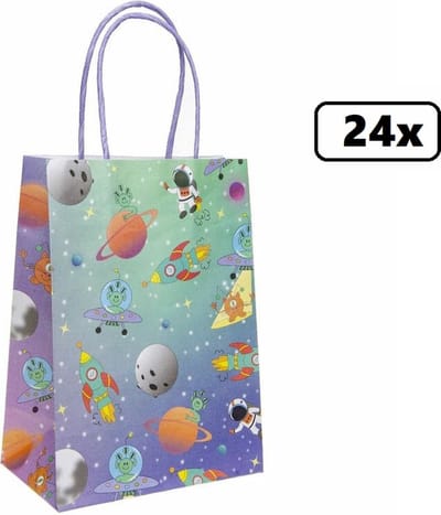 24x Koordtas Space 16cmx9cmx22cm - ruimtevaart - goodiebag|papieren|draagtas|tas|koord|festival|kado|themafeest|party|geschenken