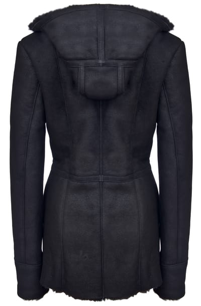 Dames zwart Merino schapenvachtjack met capuchon-Mandalay