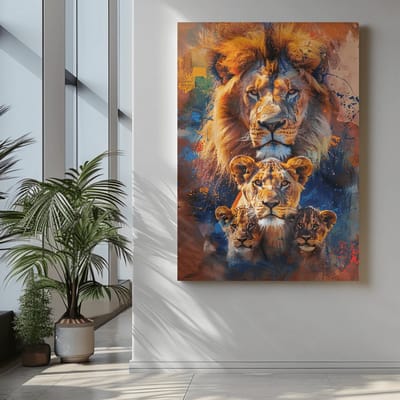 Canvas Schilderij - Dieren - Leeuwen Familie Op Canvas - 60x40x2 cm