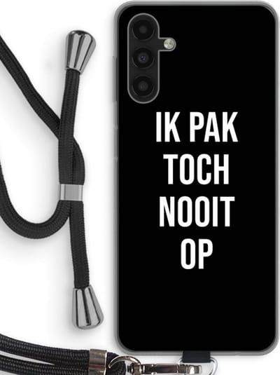 Case Company® - Hoesje met koord geschikt voor Samsung Galaxy A04s hoesje met Koord - Ik pak nooit op - Zwart - Telefoonhoesje met Zwart Koord - Bescherming aan alle Kanten en Over de Schermrand
