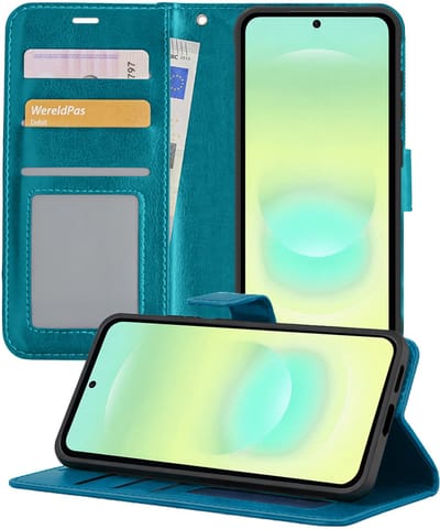 Hoesje - Met Pasjeshouder - Geschikt voor Samsung Galaxy A37 - Luxe Bookcase Portemonee - Flip Case - Kunstleer Book Case - Flipcase - Book Cover - Walletcase - Portemonneehoes - Telefoonhoesjes - Turquoise