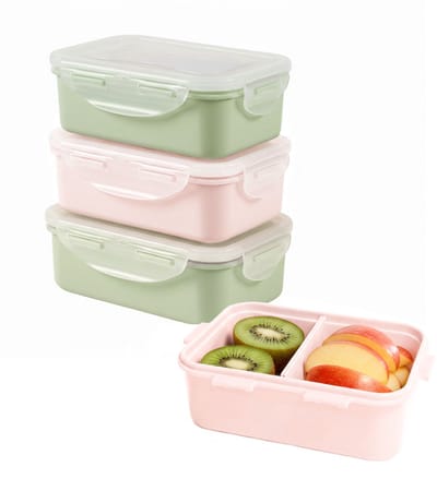 Lock&Lock Snackdoosjes - Bentobox - Snackbox - Met Vakjes - Set 4 stuks - 460 ml - Lekvrij - BPA vrij - PFAS vrij - Snackbakjes - Fruitbakje school - Vershoudbakjes set met deksel - Diepvriesbakjes - Volwassenen en Kinderen - Groen en Roze