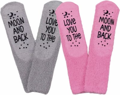 SilverAndCoco - Set van 2 / Hou van Jou Vrolijke Huis Sokken Foute / Leuke Happy Grappige Valentijn Dikke Warme Vrouwen Socks / Verliefd Sok Outfit Katoen / Vrouwen Valentijns cadeau voor hem met Tekst Vriendin Vrouw Liefde - Love You to the Moon