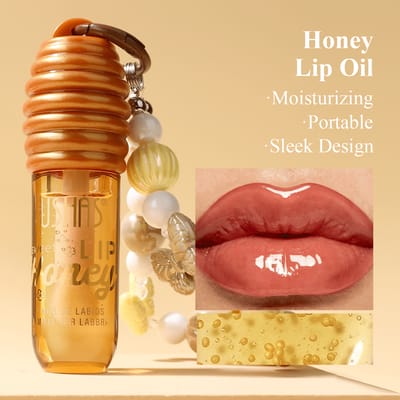 USHAS Sweet Honey Lip Oil met kralen sleutelhanger, heldere glanzende hydraterende lippenverzorging, vermindert lippenlijntjes, vollere en gladdere lippen, draagbare langdurige voeding, geschikt voor droge en gebarsten lippen
