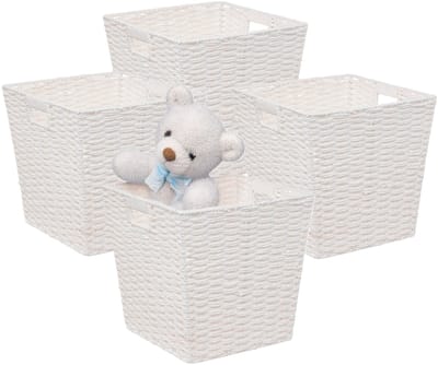 5Five Rieten opbergmand - 4x - gevlochten - wit - 31 x 31 x 31 - Kast-/badkamer mandjes - metaal/kunststof