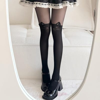 Collants transparents mignons avec imprimé chat pour femme, Collants transparents Kawaii pour Lolita, Tenue quotidienne, Fête, Cosplay Collants Femme One Size black