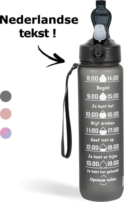 LaCardia Motivatie Waterfles 1 Liter - Drinkfles met Rietje en Tijdmarkering - BPA vrij - Drinkbus voor Kinderen en Volwassenen - Sportfles & Travel mug - Grijs