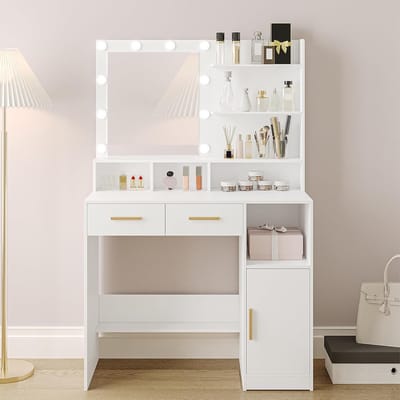 Kaptafel met Spiegel en 10 LED-verlichting - Instelbare Helderheid en Ruime Opbergruimte