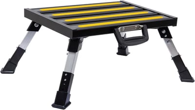 RV-treden, aluminium, in hoogte verstelbaar, stabiel, inklapbaar platform met draagbaar handvat, reflecterende strips, antislip rubberen voetjes en antislip oppervlak, ondersteunt tot 0,5