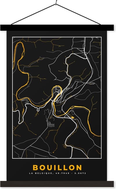 Posterhanger incl. Poster 40x60 cm - Schoolplaat - Bouillon - Black en gold - Stadskaart - Plattegrond - Kaart - Textielposter - Zwarte latten - Stadskaart
