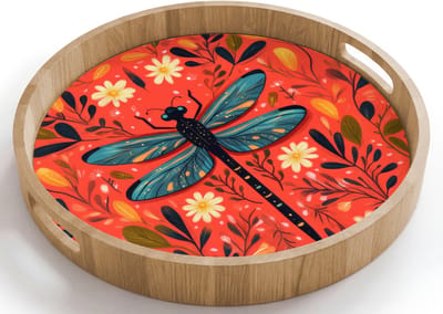 Dienblad rond 40x40 cm - Schootdienblad hout - Libel - Blauw - Vleugels - Bladeren - Borrelplank rechthoek - Plateau houten dienbladen