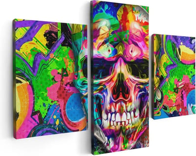 Artaza Canvas Schilderij Drieluik Gekleurde Schedel - Doodskop - Doodshoofd - 90x60 - Foto Op Canvas - Canvas Print