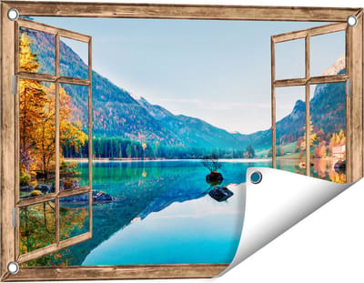 Gards Tuinposter Doorkijk Meer met Herfstbomen - 60x40 cm - Tuindoek - Tuindecoratie - Wanddecoratie buiten - Tuinschilderij