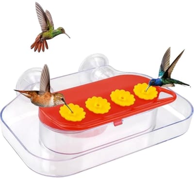 Kolibrievoeder - Vogelvoeder - Voederbak met zuignap voor aan het raam - 4 voederopeningen - Vogelbenodigdheden - Geschikt voor het voeren van kolibries - Voeren met water - Transparant - 20*12,2*5 cm