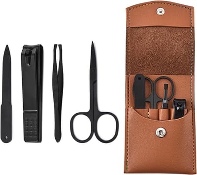Complete Manicure Set met 4 Stukken - Nagelschaar, Wenkbrauwclip, Cosmetische Schaar en Vijl in Leren Etui - Perfect voor Nagelverzorging voor Dames en Heren
