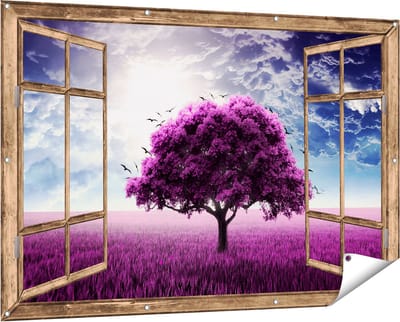 Gards Tuinposter Doorkijk Paarse Boom in het Paars Veld met Vogels - 150x100 cm - Tuindoek - Tuindecoratie - Wanddecoratie buiten - Tuinschilderij