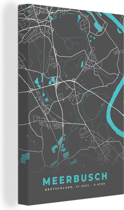 Canvas Schilderij Blauw – Duitsland – Plattegrond – Stadskaart – Kaart – Meerbusch - 20x30 cm - Wanddecoratie