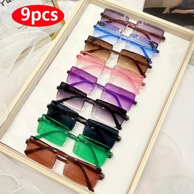 9 stuks Schattige Snoepkleur Rechthoekige Mode Zonnebrillen Voor Vrouwen Mannen UV400 Bescherming Voor Vakantie Strandfeest