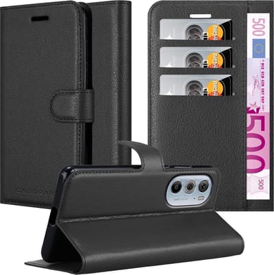Cadorabo Hoesje geschikt voor Motorola EDGE+ in PHANTOM ZWART - Beschermhoes met magnetische sluiting, standfunctie en kaartvakje Book Case Cover Etui