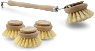 Set van 4 stuks 1x afwasborstel I 3x reservekoppen I natuurlijke vezel I hout I groot I afwasborstels keukenborstels afwasborstels schrobborstels schoonmaakborstels borstels keuken