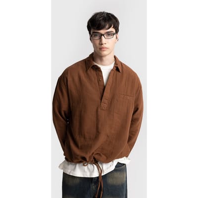 Heren Ontspannen Katoenen Lange Mouwen Shirt met Strikdetail