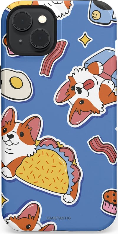 Casetastic Hoesje Geschikt voor Apple iPhone 15 Plus Magsafe - Stijlvolle Beschermende Duo-layer Case - Corgi en Snacks