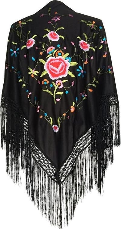 Spaanse manton  - omslagdoek - zwart met bloemen bij verkleedkleding of flamenco jurk