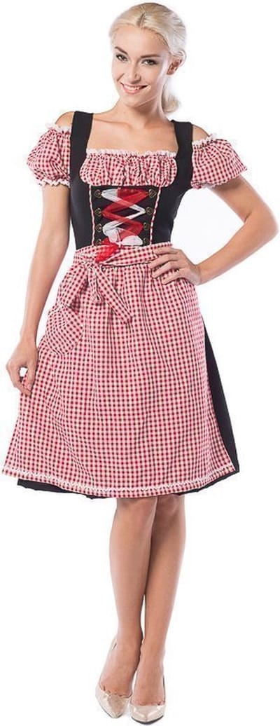 Partychimp Oktoberfest Dirndl Dames Anne-Ruth Lang Oktoberfest Dames Carnavalskleding Dames Carnaval Kostuum Dames - Polyester - Rood/Zwart - Maat S/36