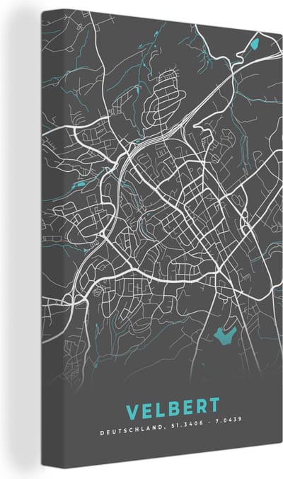 Canvas Schilderij Plattegrond – Velbert – Blauw – Stadskaart – Kaart - Duitsland - 20x30 cm - Wanddecoratie
