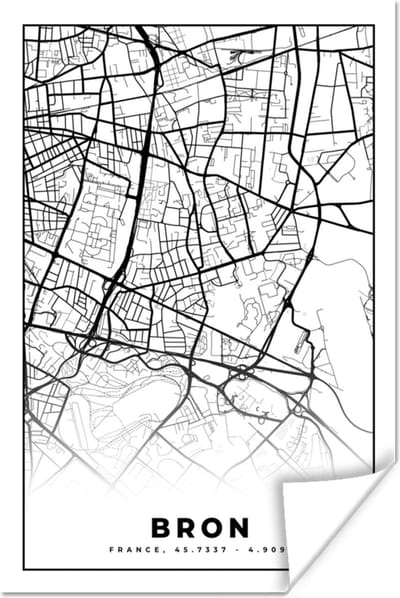 Poster Plattegrond - Kaart - Frankrijk - Stadskaart - Bron - Zwart wit - 120x180 cm XXL