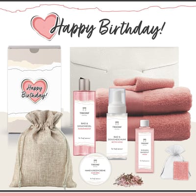 Geschenkset “Happy Birthday!” - 9 producten - 1940 gram - Triomf Cosmetica | Giftset voor haar Cadeau Valentijnsdag Luxe wellness cadeaubox Vrouw Ik hou van jou Cadeaupakket Kerst Geschenk Set Pakket Verjaardag Gift Valentijn Vriendin Roze