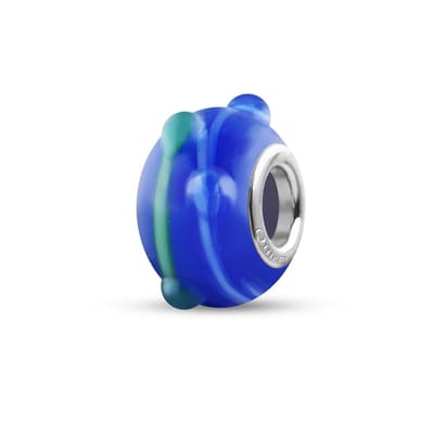 Quiges - Glazen - Kraal - Bedels - Beads Blauw met Groen Lijnen en 3D bolletjes Past op alle bekende merken armband NG927
