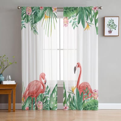 Tropische Plant Flamingo Palmblad Raamgordijnen Voor Woonkamer Slaapkamer Keuken Chiffon Transparant Raambekleding 135W x 114H(cm) white