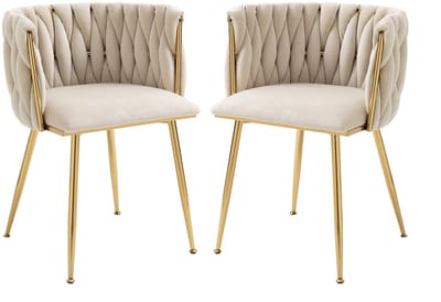 HomeGoodies - Eetkamerstoelen - Stoelen - Keukenstoelen - 2 stuks - Handgeweven designstoelen - Wit - Gouden metalen poten