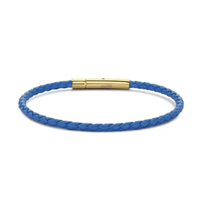CO88 Collection 8CB-90909 Stalen Armband - Dames - Leer - Gevlochten - 18.5 cm - Blauw - 3 mm - Goudkleurig