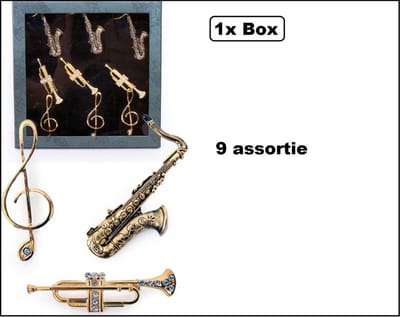 Box Broche muziekinstrumenten 3 assorti - 9 stuks - Carnaval muziek festival concert thema feest
