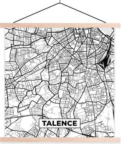 Posterhanger incl. Poster 40x40 cm - Schoolplaat - Frankrijk - Kaart - Plattegrond - Stadskaart - Talence - Zwart wit - Textielposter - Blanke latten - Stadskaart