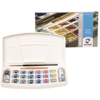 Van Gogh Aquarelverf set in kunststof etui met 18 kleuren in halve Napjes en 2 kleuren in tubes van 10 ml