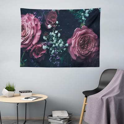 ABAKUHAUS Vintage Rozenwandtapijt, Dromerige Romantische Bloem, Woonkamer Slaapkamerwanddoek Zijdezacht Satijn Wandtapijt, 150 x 100 cm, Blauwgrijs Fuchsia